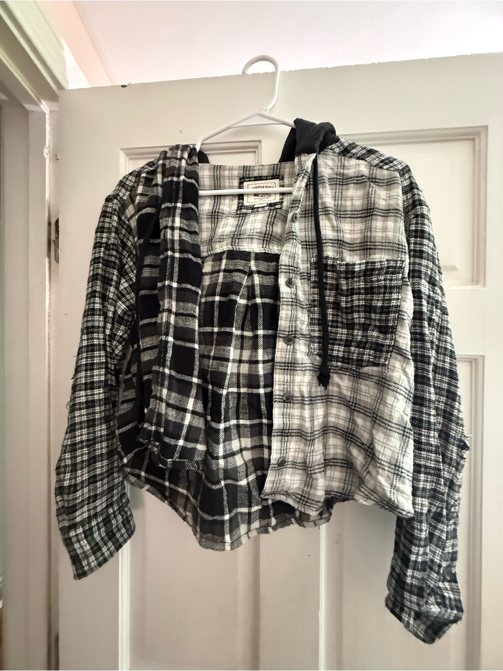 Black & White Plaid Hooded Flannel Shirt